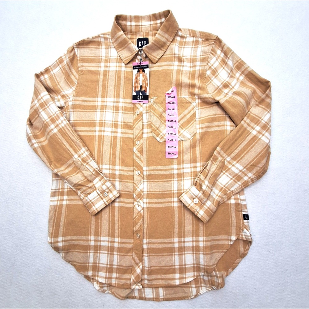 GAP Relaxed Fit Flannel Womens Small Tan Brown Jodie Plaid Button Up Cabincore